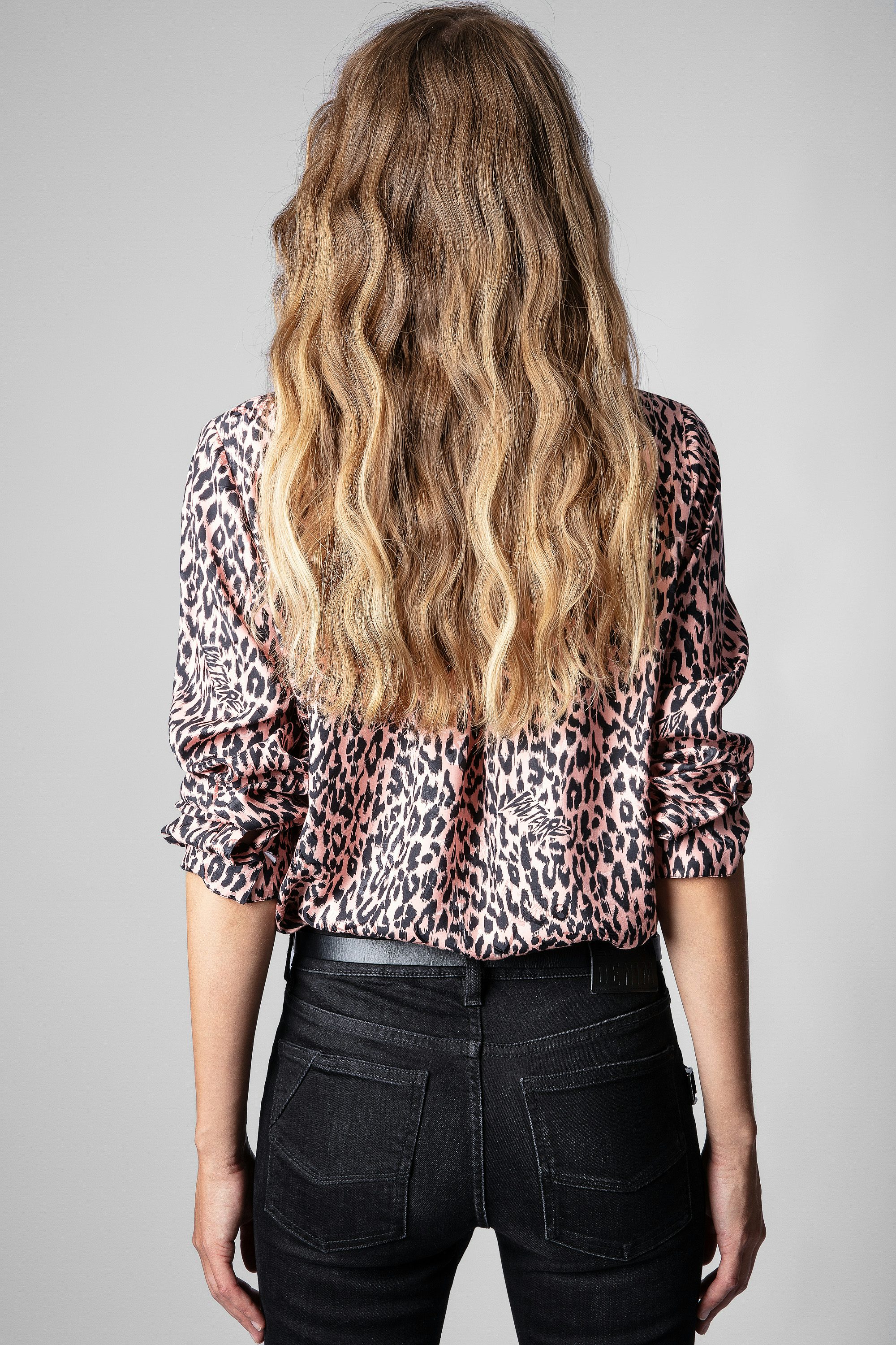 Tunika aus Seide Tink Squeleton - Rosafarbene Damentunika mit Leopardenprint